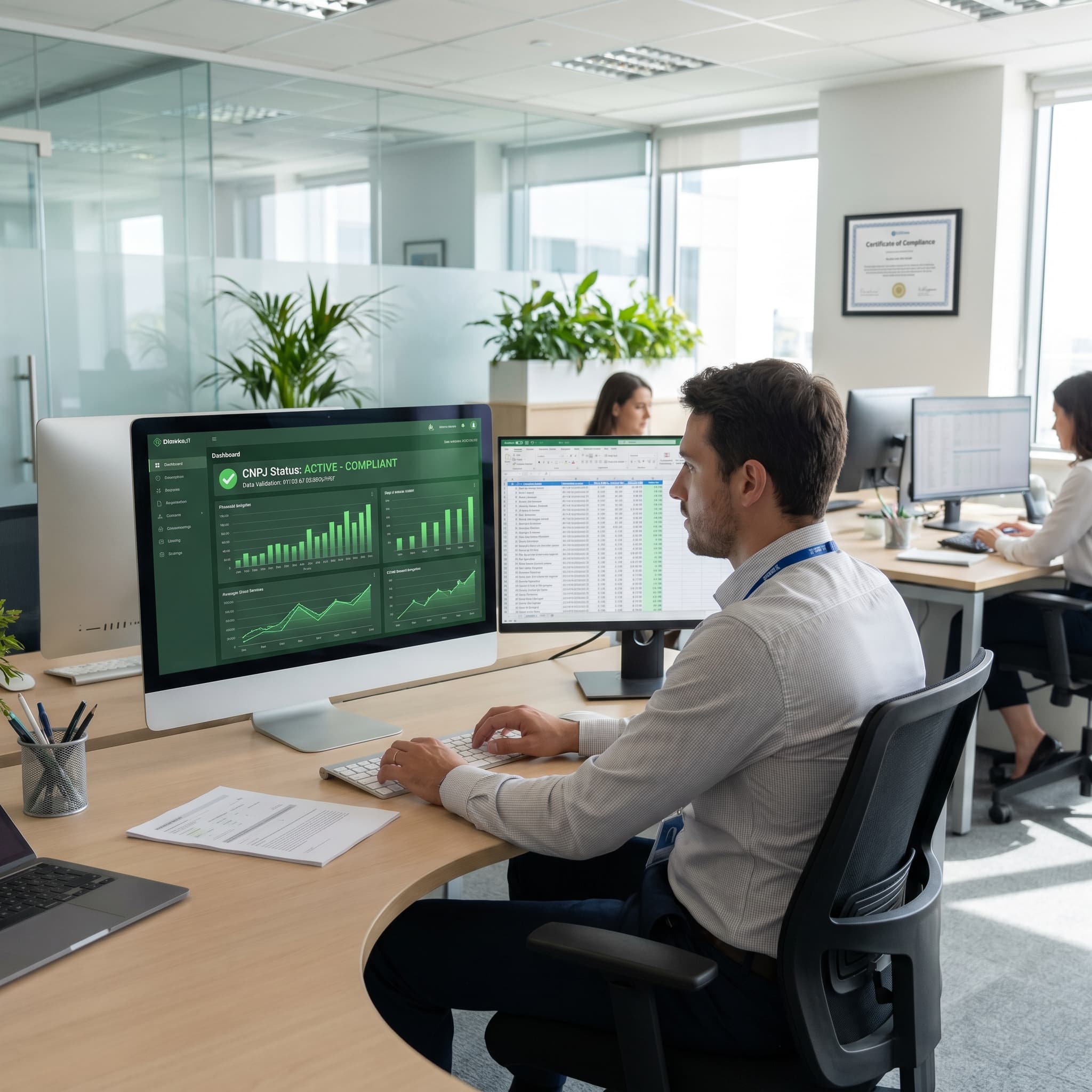 Equipe analisando dados de CNPJ para due diligence